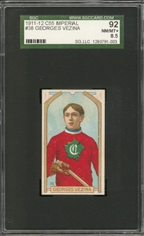 1911-12 C55 Imperial Tobacco #38 Georges Vezina Rookie Card – SGC 92 NM/MT+ 8.5 - The Issues "Key" Card